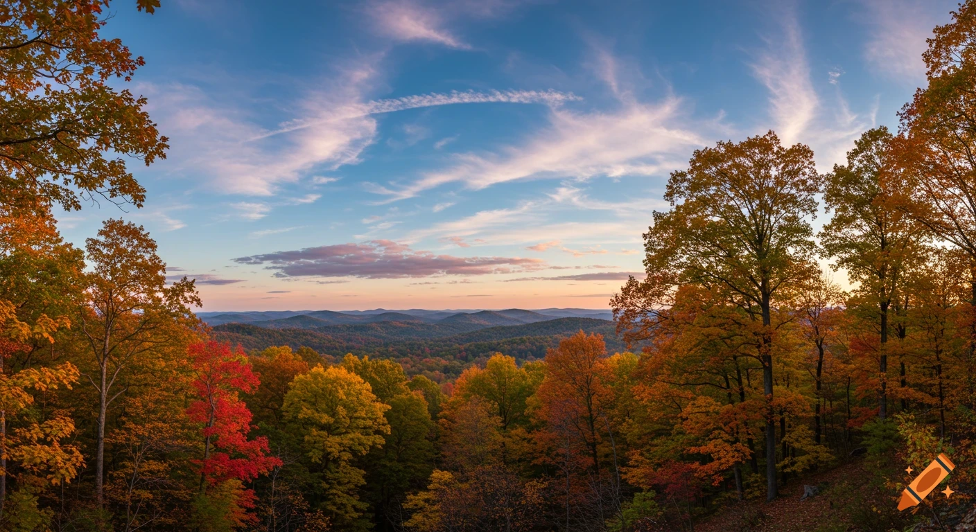 A photorealistic panorama of a vibrant autumn forest and distant mountains under a blue sky with wispy clouds during sunset.