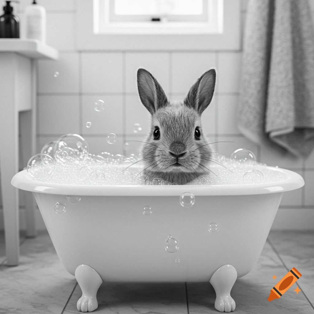 A black and white photorealistic image of a cute baby rabbit in a modern white bathtub filled with bubbles, looking at the camera.