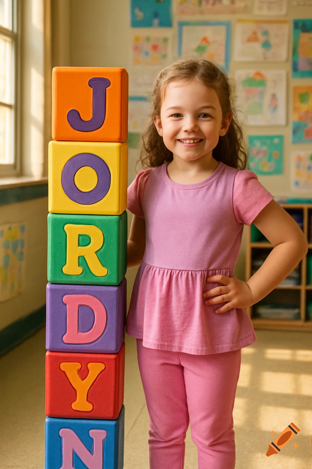 A smiling young girl in a pink outfit stands next to colorful alphabet blocks spelling JORDYN in a classroom.