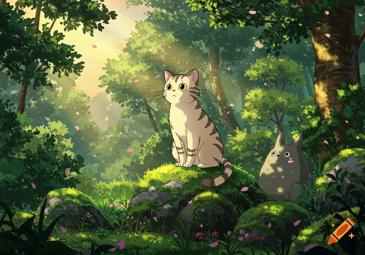 A striped cat and a gray Totoro-like creature sit on mossy rocks in a sun-drenched Studio Ghibli style forest with pink petals.