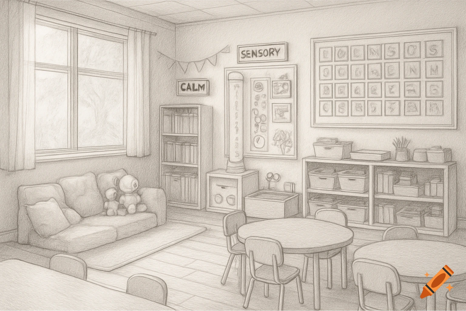 A pencil sketch of an inclusive classroom for young children, featuring a calm space with a sofa, a sensory section, and visual communication cards.
