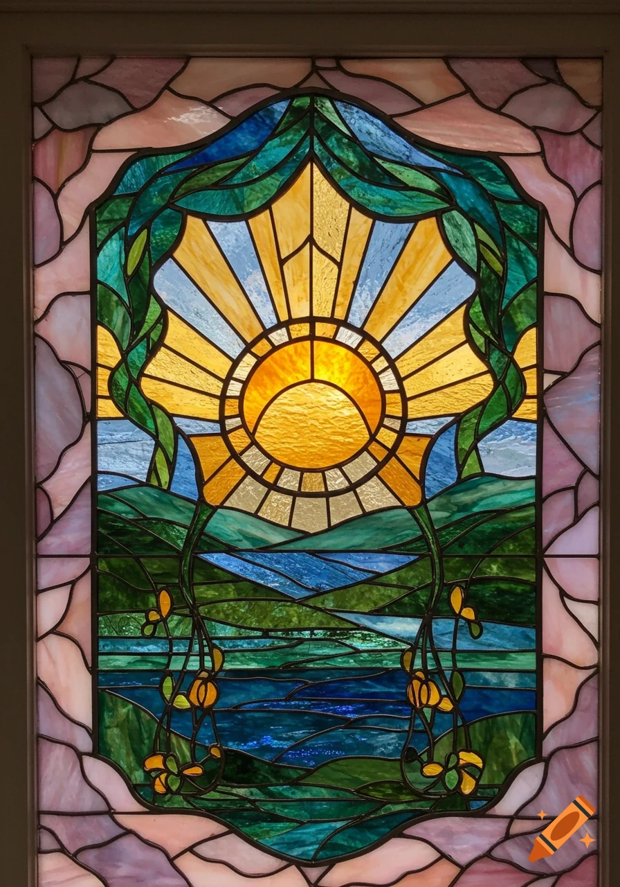 Colorful stained glass window depicting a vibrant sun over a serene landscape with mountains and water, framed by flowing foliage.