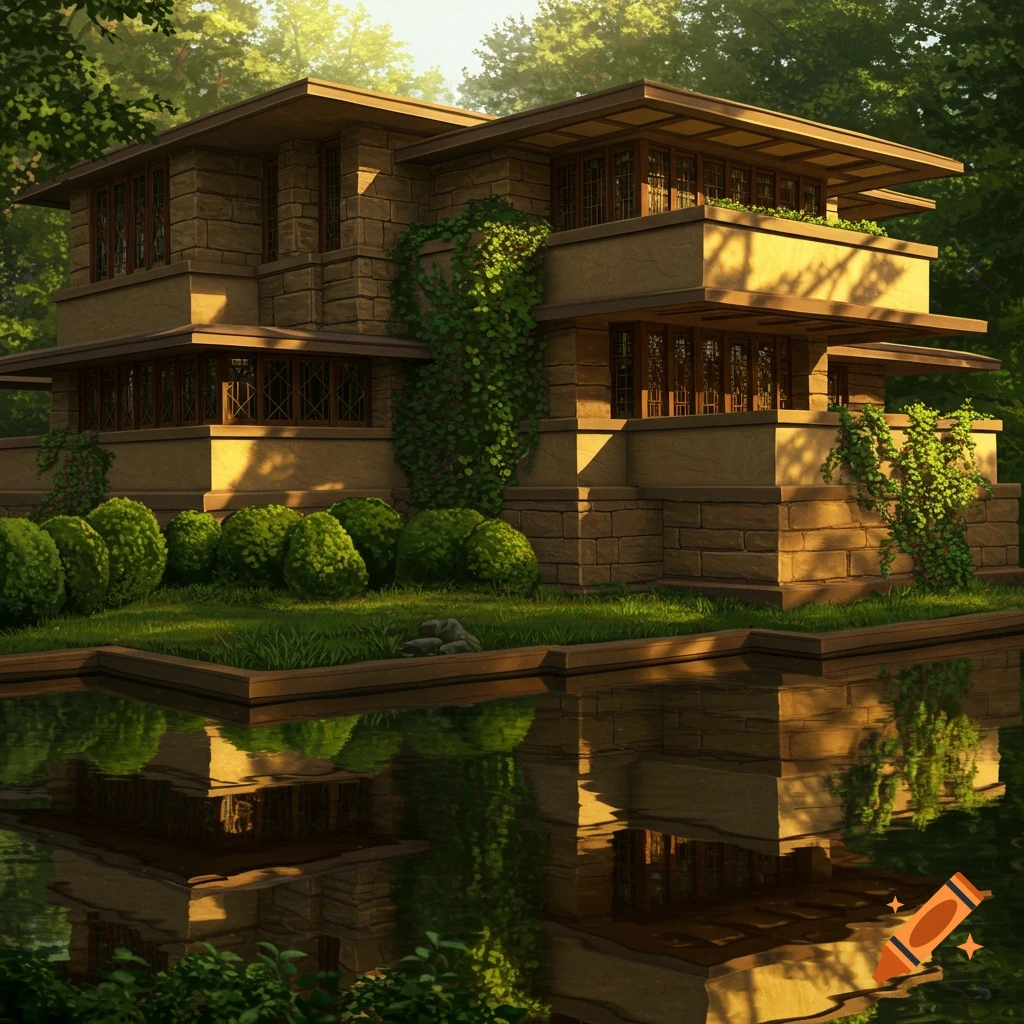 A Frank Lloyd Wright-style house made of brown stone and wood, covered in ivy, with lush green trees and bushes, reflected in a still pond under warm sunlight.