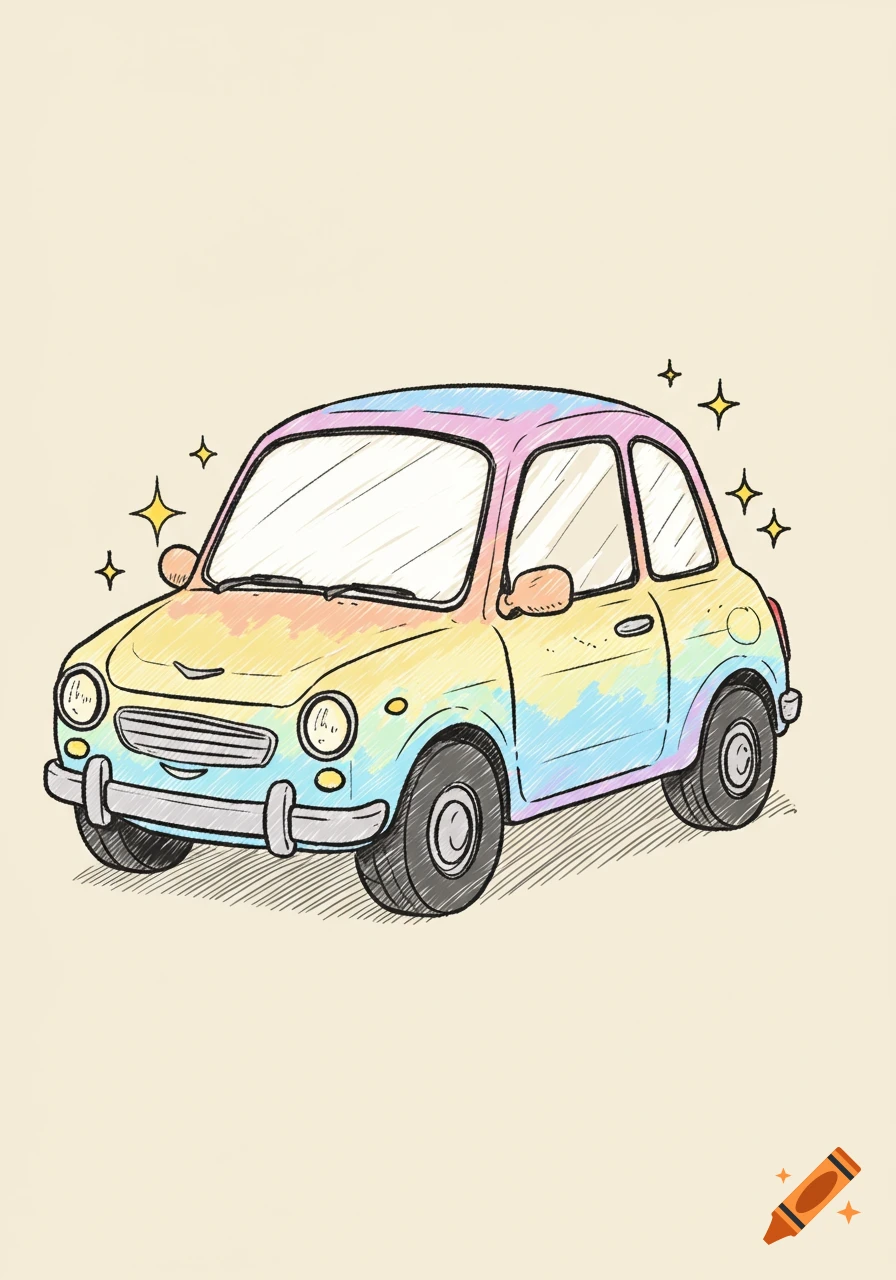 A colorful, cartoon-style car with a friendly face, hand-drawn on a beige background with sparkle accents.