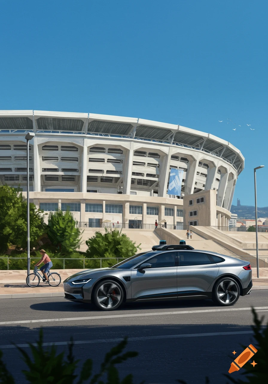 A silver autonomous car drives on a road past a large, concrete stadium under a clear blue sky, with a person cycling nearby.