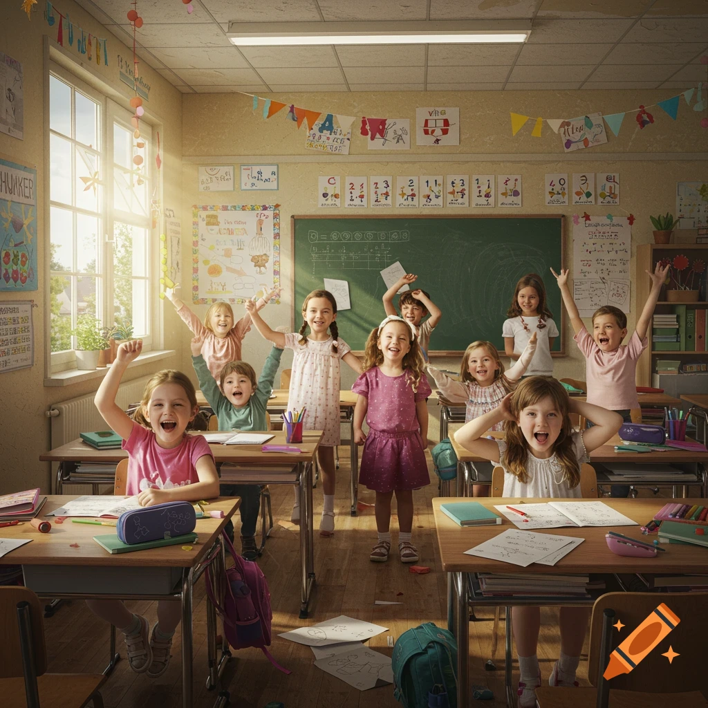 A group of cheerful children with raised hands in a sunlit classroom, celebrating and laughing.