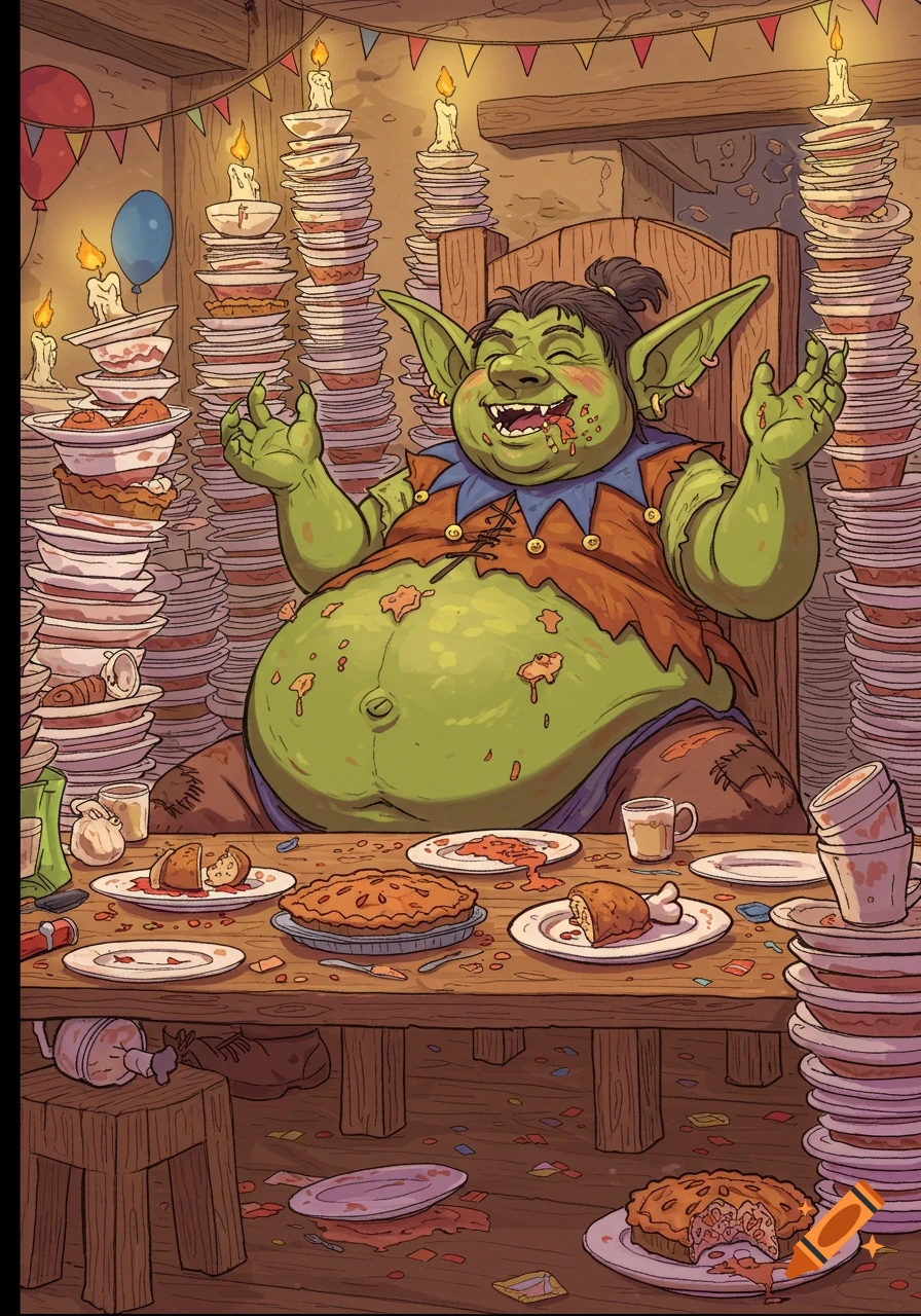 A fat, green goblin gleefully sits amidst towers of dirty dishes and food scraps in a cartoony fantasy style.