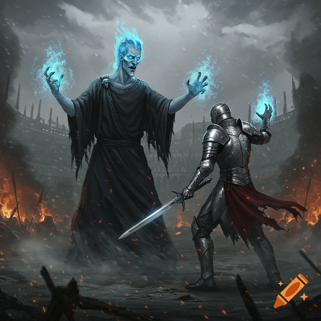 A knight in shining armor faces a glowing blue, ghostly figure on a fiery, ruined battlefield, dark fantasy illustration.