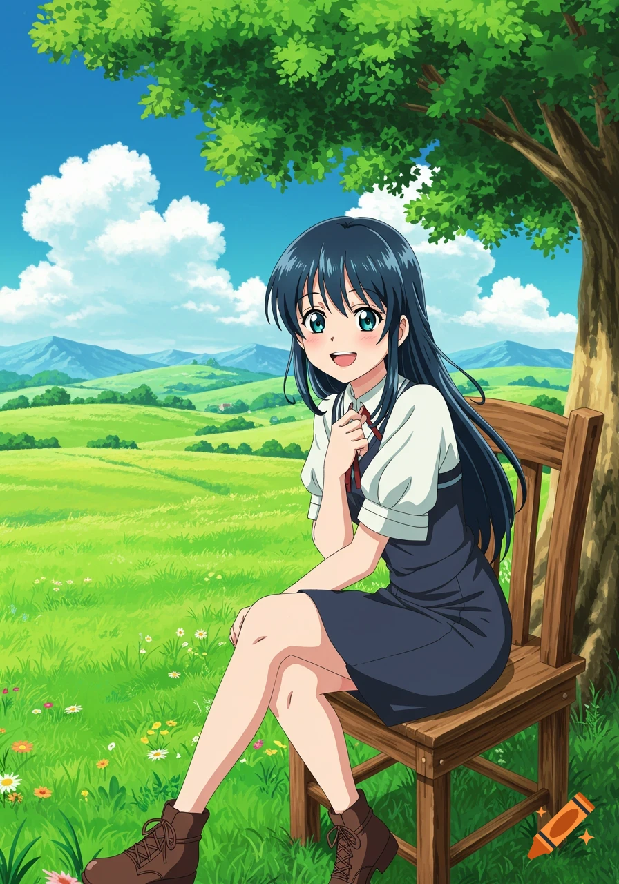 An anime girl with dark blue hair sits on a wooden chair in a vibrant green field under a tree with mountains in the distance.