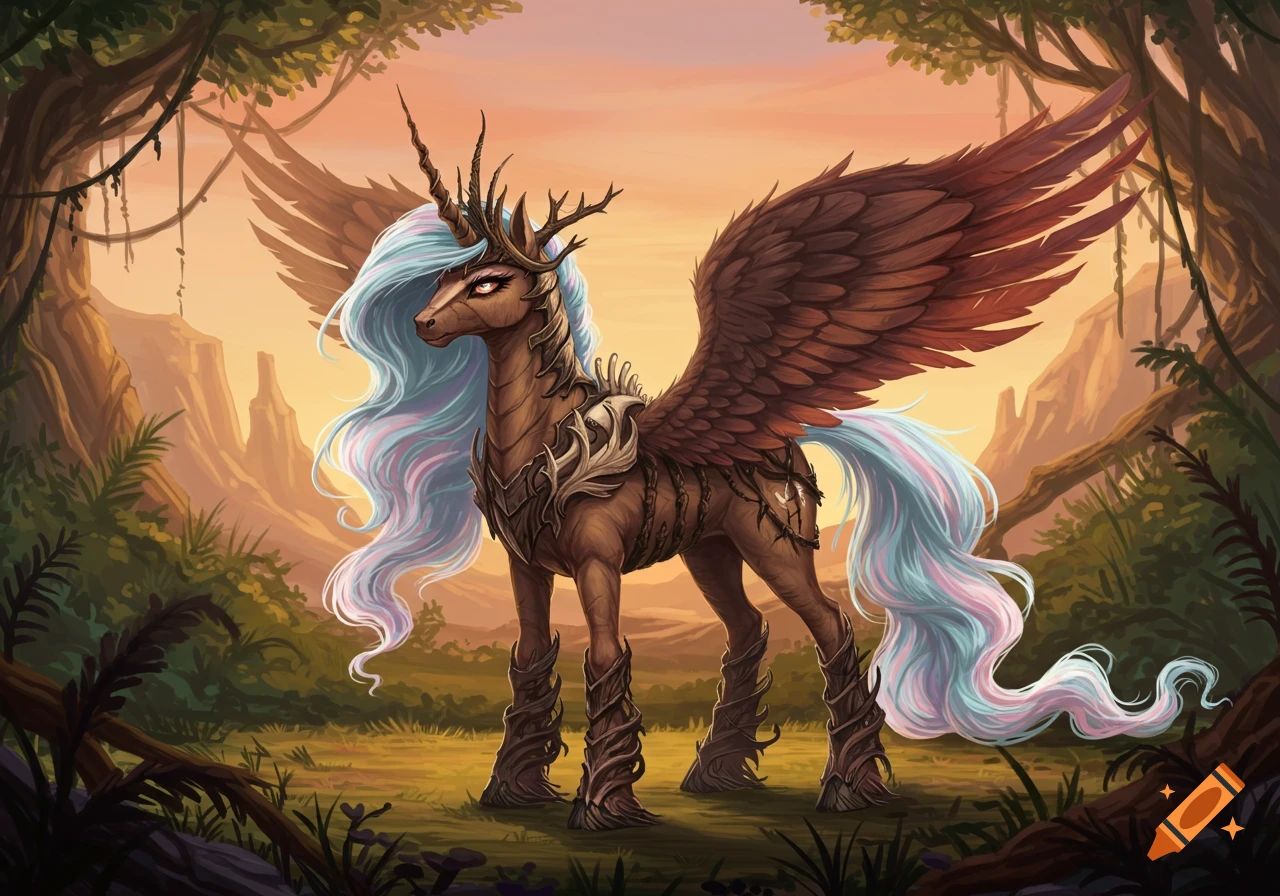 A majestic brown alicorn with flowing blue, pink, and white mane and tail, antlers, and armor made of bones and vines, stands in a golden-lit jungle.