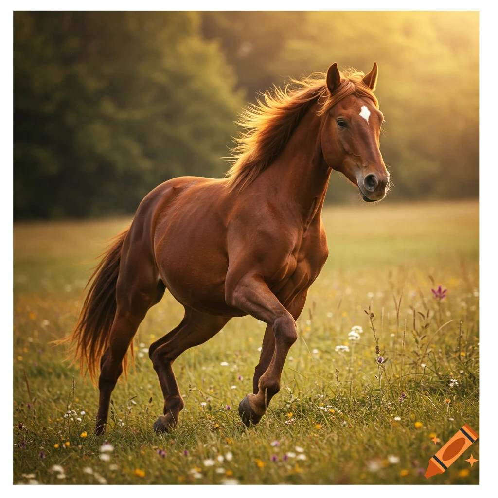 Photorealistic image of a brown horse with a white blaze galloping through a sunlit field of wildflowers.