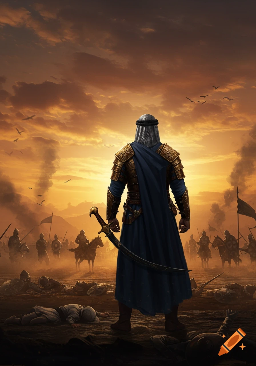 A lone Arab warrior in ornate armor stands on a battlefield, sword in hand, facing other soldiers and a dramatic sunset sky.