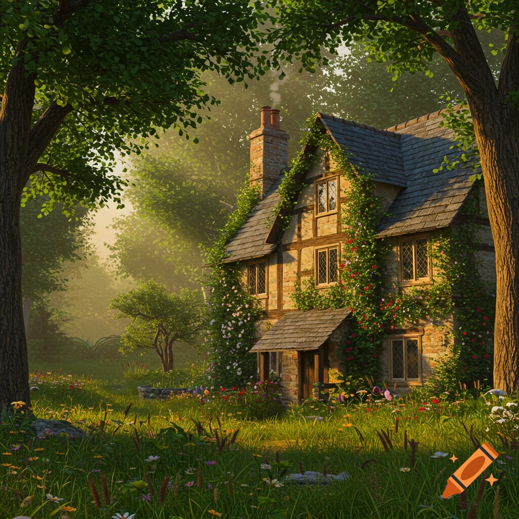 An old, stone country house covered in vines and flowers, nestled in a sun-dappled forest with a vibrant wildflower meadow.