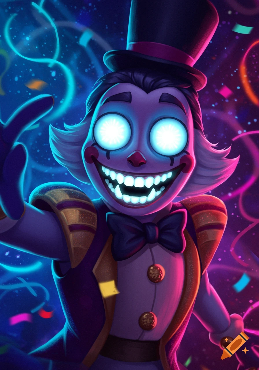 A vibrant digital art portrait of Jax from The Amazing Digital Circus, grinning with sharp white teeth and glowing eyes, wearing a top hat and bow tie amidst confetti.