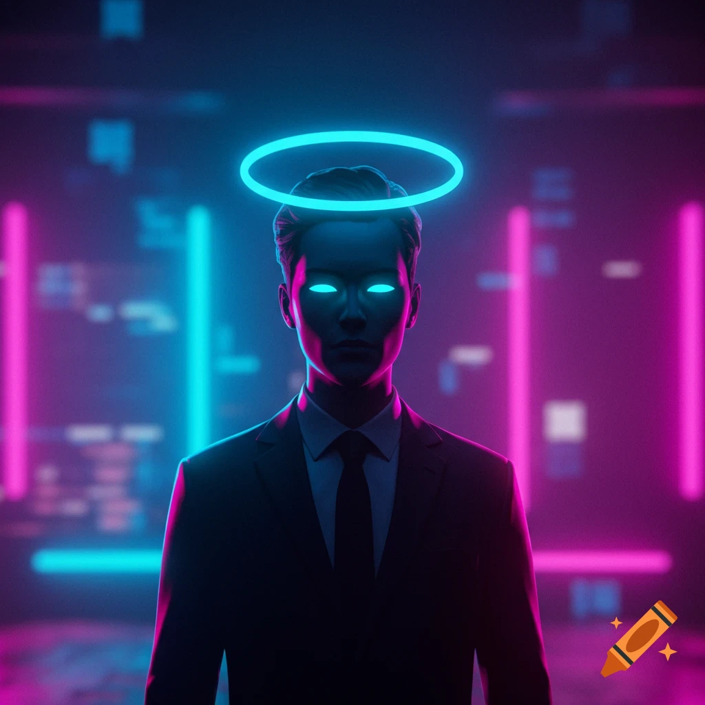 A man in a dark suit with glowing cyan eyes and a neon halo stands against a blurred background of pink and cyan neon lights.