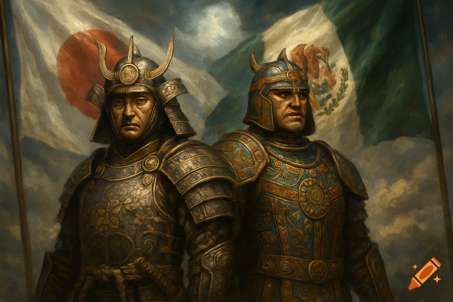 Two armored warriors, one resembling a samurai and another a Roman/Viking-like figure, stand before the Japanese and Mexican flags in a painted style.
