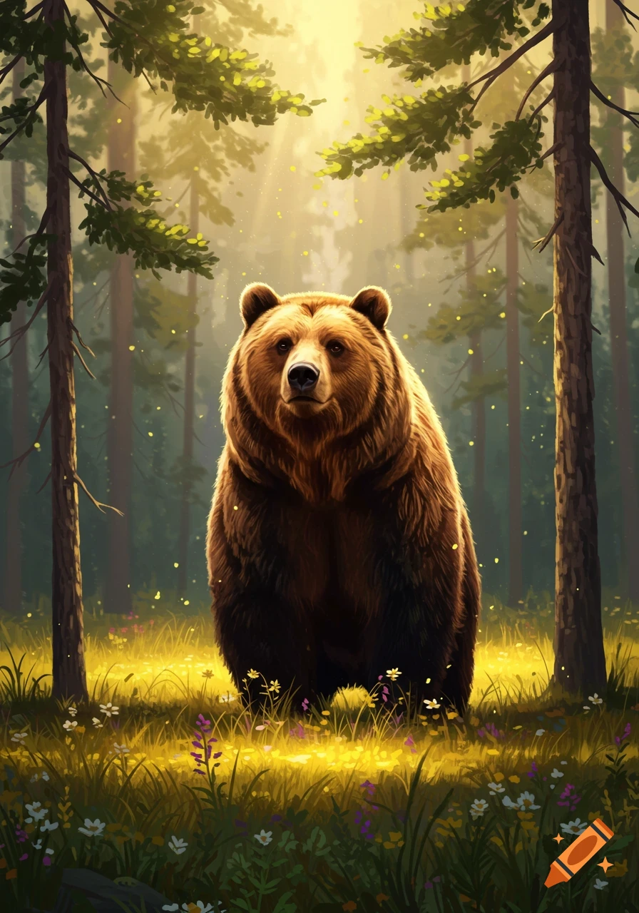 A brown bear stands in a sunlit forest clearing amidst wildflowers and tall pine trees in a vibrant, painterly style.