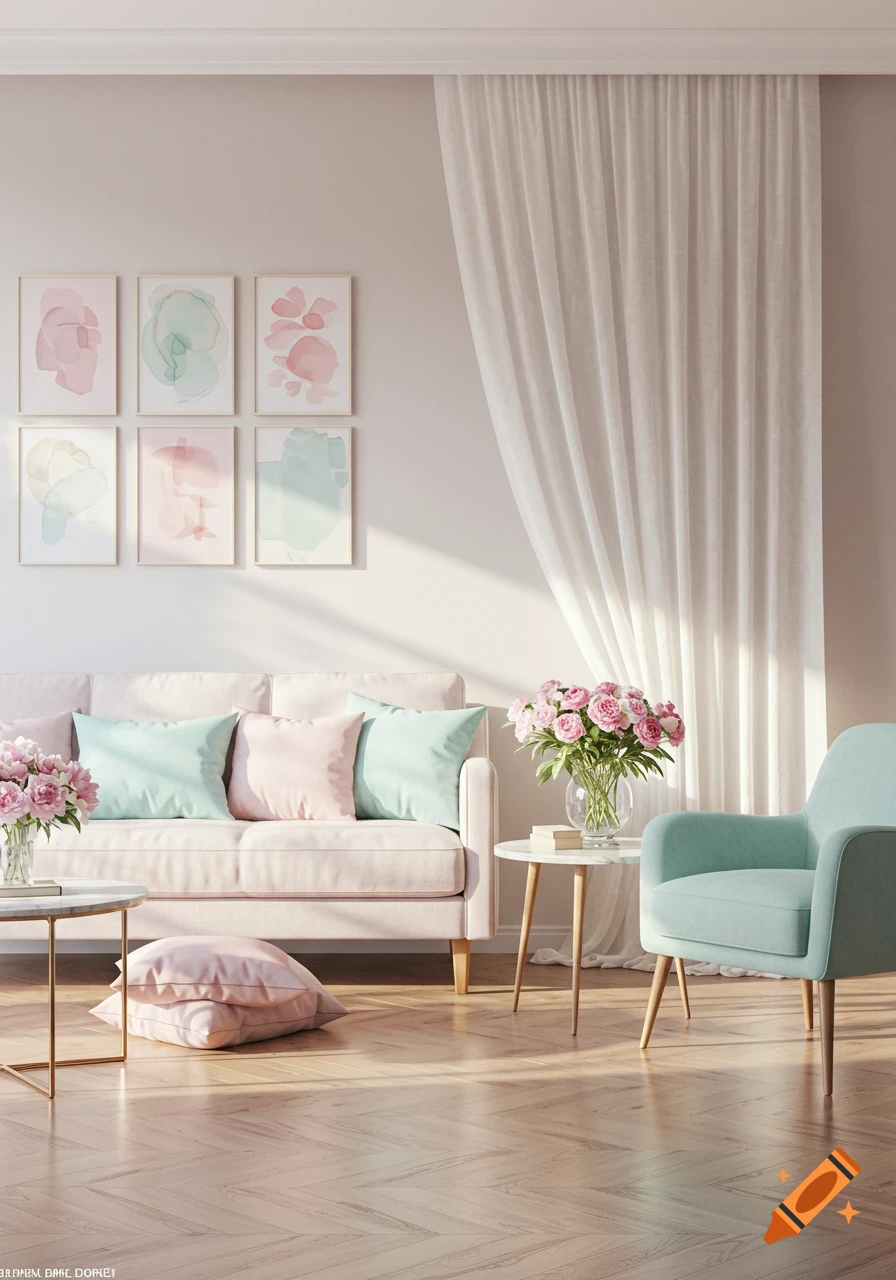 Bright pastel living room with pink sofa, mint green armchair, abstract art, pink flowers, and sunlight on wood floor.