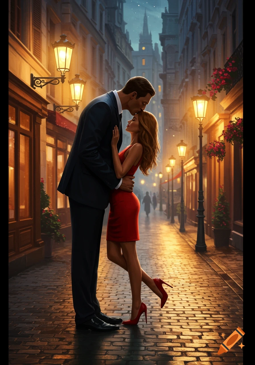 A very tall man in a suit kisses a short woman in a red dress on a cobblestone city street at night, illuminated by glowing lampposts.