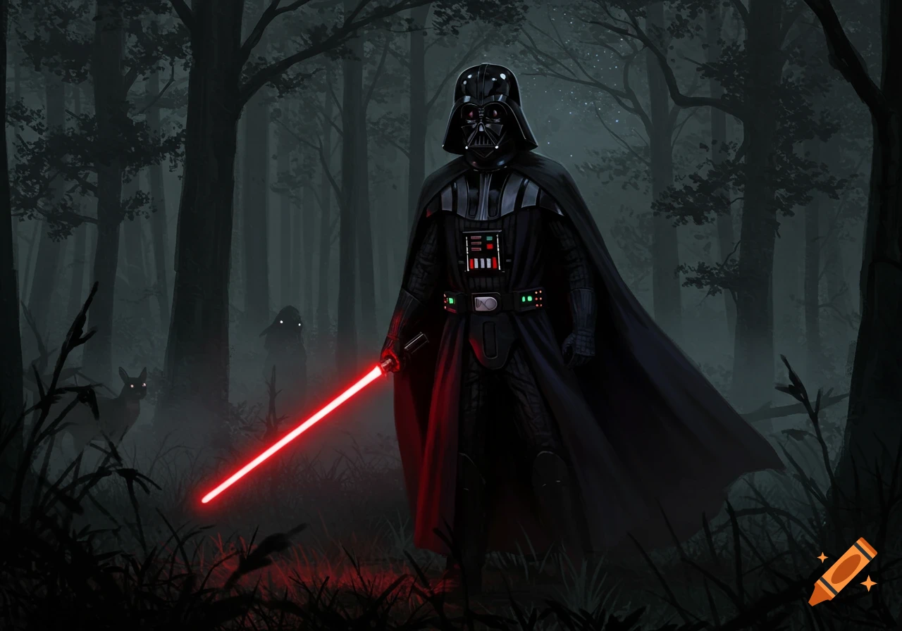 Darth Vader stands in a dark, misty forest, holding a red lightsaber. Shadowy figures and a deer with glowing eyes lurk in the background.