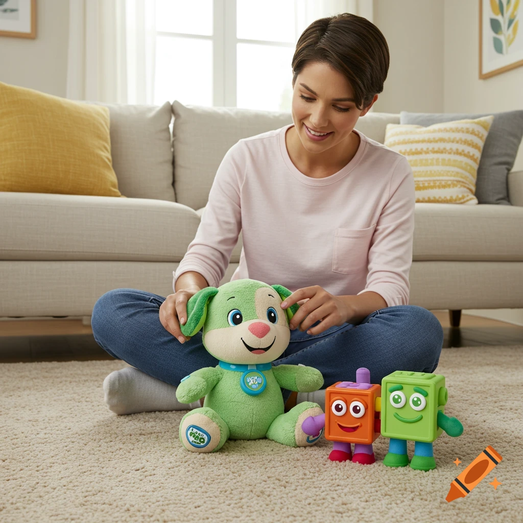 A woman sits on a carpet, playing with a green plush puppy and two colorful block toys in a living room.