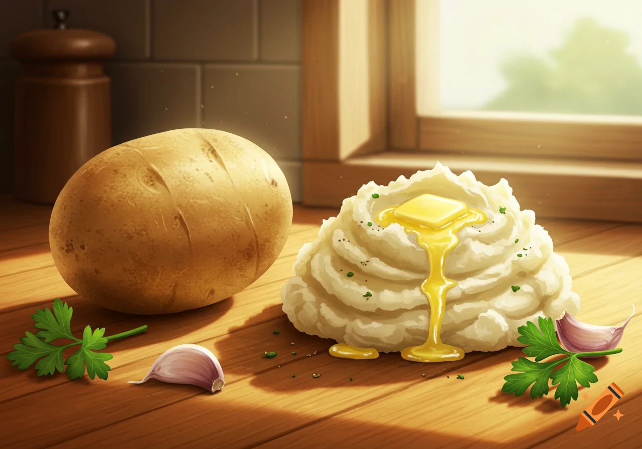 A whole potato and a mound of mashed potatoes with melting butter, parsley, and garlic on a wooden counter by a sunlit window.