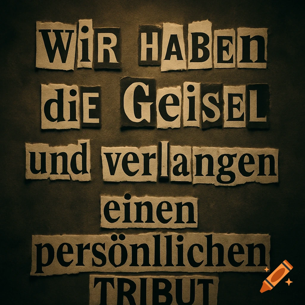 Newspaper cut-out letters spelling 'Wir haben die Geisel und verlangen einen persönlichen Tribut' on a dark background.