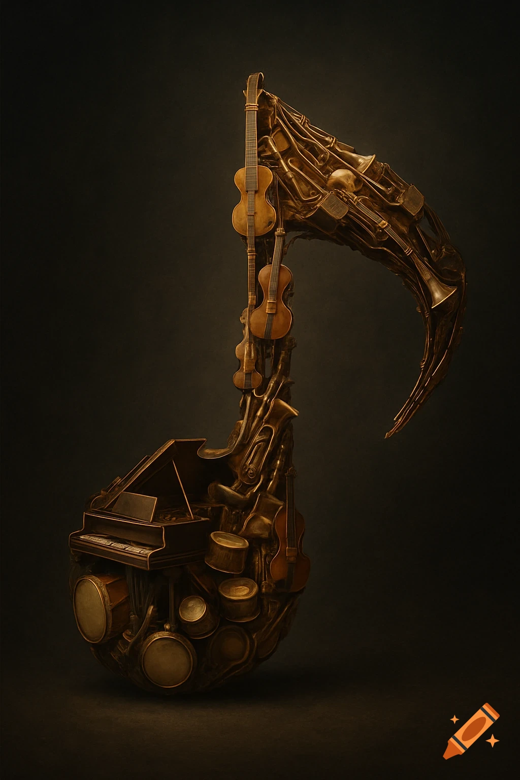 A surreal digital art image of a musical note sculpture crafted from various brass, string, and percussion instruments on a dark background.