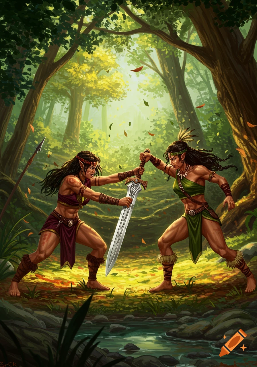 Two fierce amazon warriors wrestle over a large sword in a lush, sunlit fantasy forest with a stream.