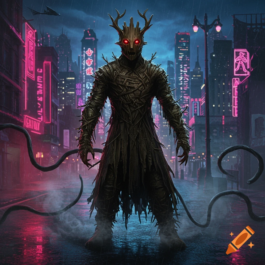 A dark fantasy creature made of branches and twigs with glowing red eyes and antlers stands on a rainy cyberpunk street at night.