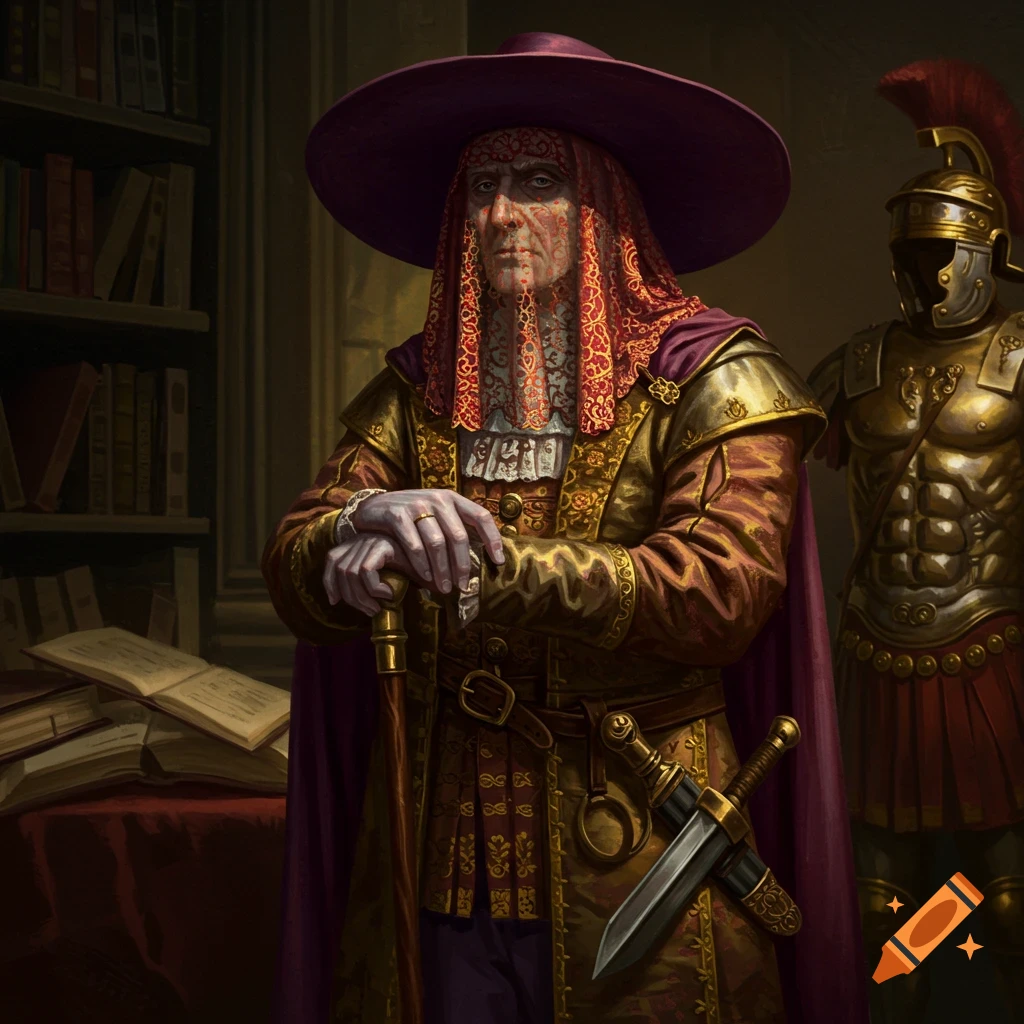 A richly dressed old man with a veiled face and large purple hat holds a cane in a library, a sword at his hip and Roman armor nearby.