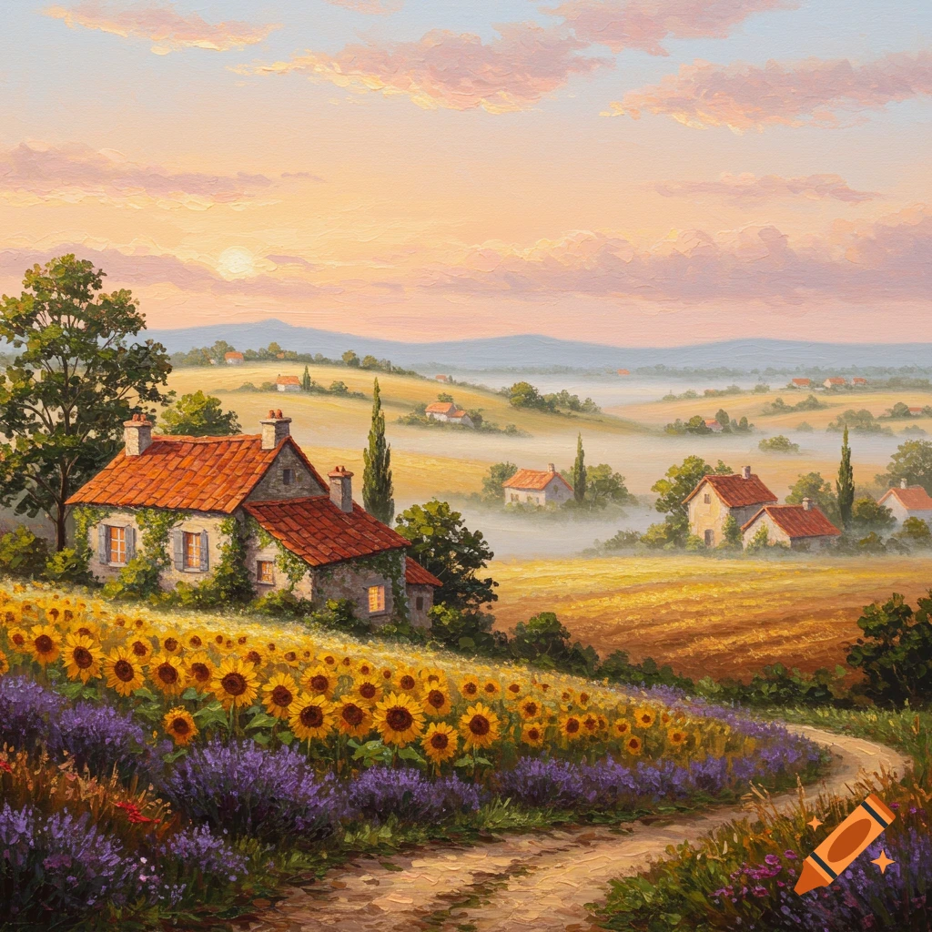Oil painting of a rural landscape with a stone house, vibrant sunflower and lavender fields, and misty hills at sunrise.
