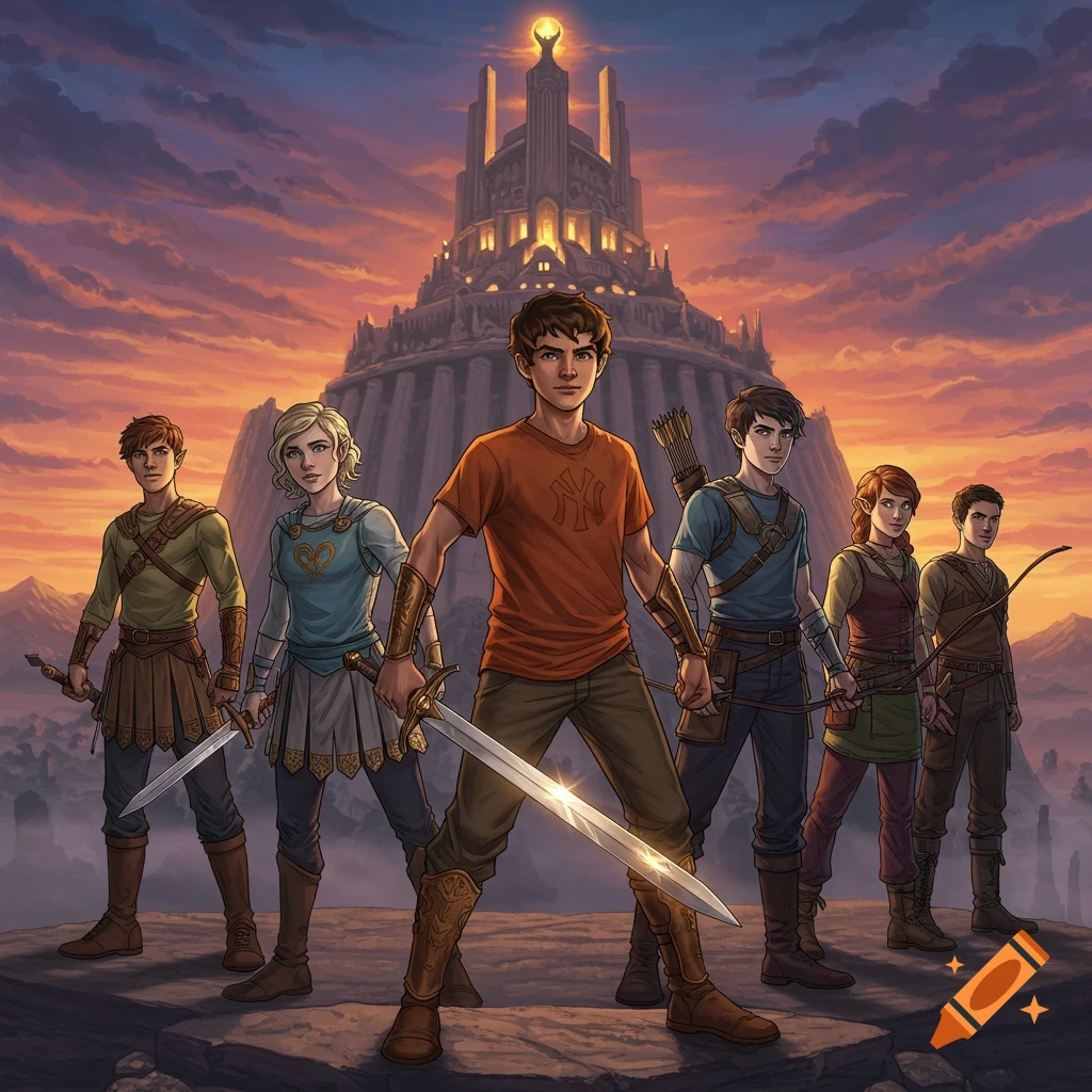 An illustration of six young heroes with weapons standing before a glowing, towering castle at sunset. The central character holds a sword.