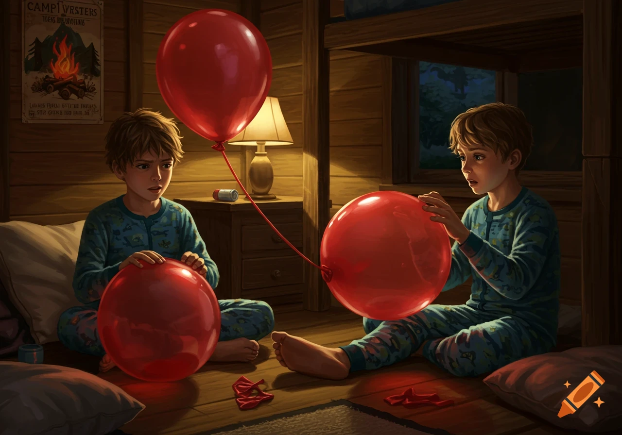 Two boys in pajamas inflate large red balloons in a cozy wooden cabin at night, realistic style.