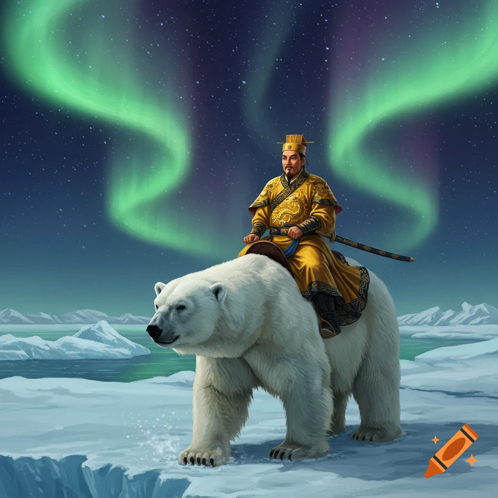 An ancient Chinese emperor in golden robes rides a polar bear across a snowy arctic landscape under the green aurora borealis.