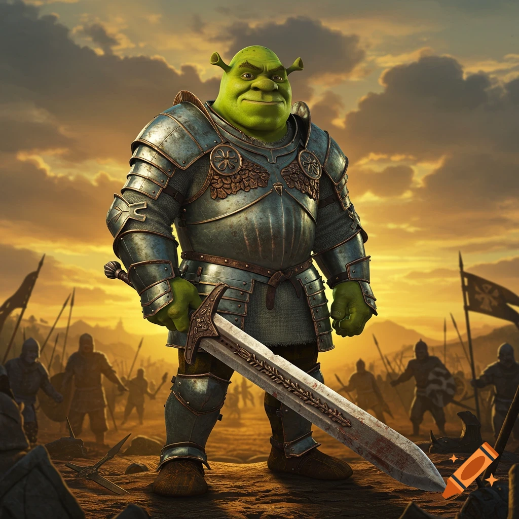 Shrek in detailed battle armor stands on a war-torn battlefield at sunset, holding a large sword. Other armored soldiers are blurred in the background.
