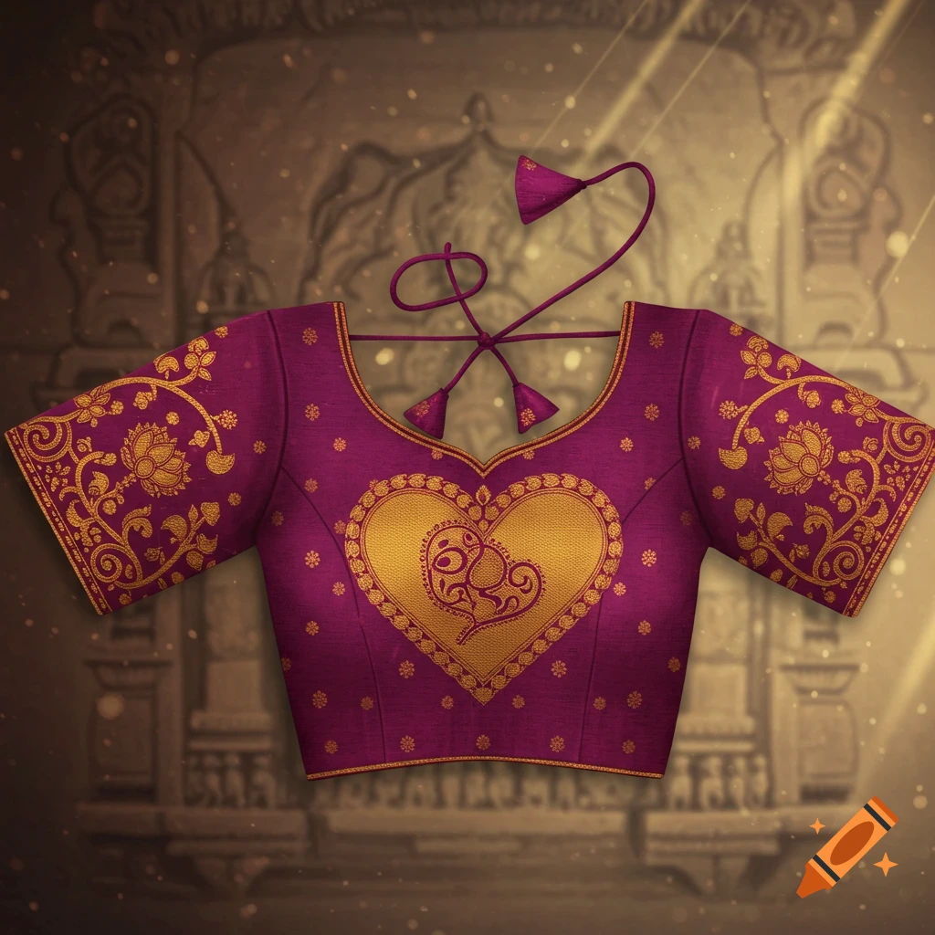Red-violet bansari sari blouse with golden embroidery, a heart design with traditional Indian art, against an ornate background.