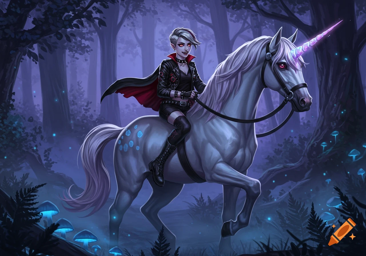 A vampire tomboy rides a white unicorn with a glowing purple horn through a dark fantasy forest with glowing mushrooms. Illustration.