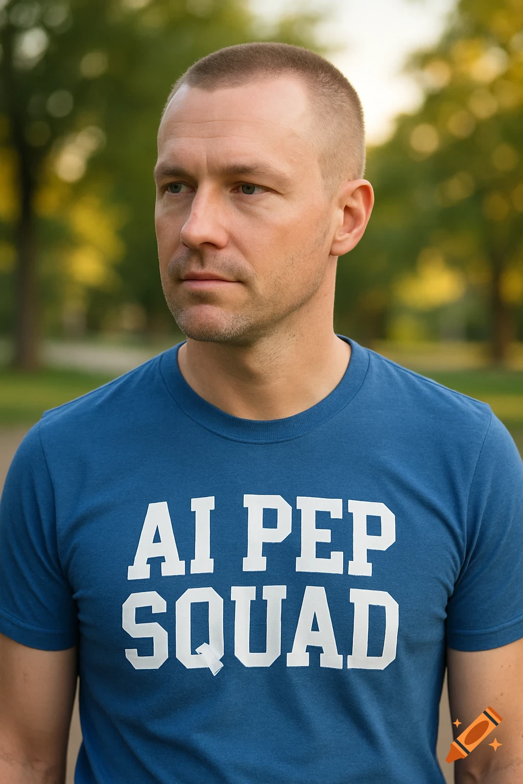 Photorealistic portrait of a man with a buzz cut wearing a blue t-shirt that says 'AI PEP SQUAD' in a park.
