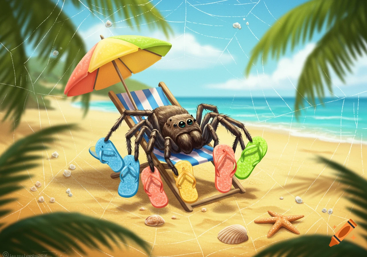 A charming cartoon spider relaxing on a beach chair under a colorful umbrella, wearing different colored flip-flops on all eight legs, on a sandy beach with palm trees and ocean in the background.