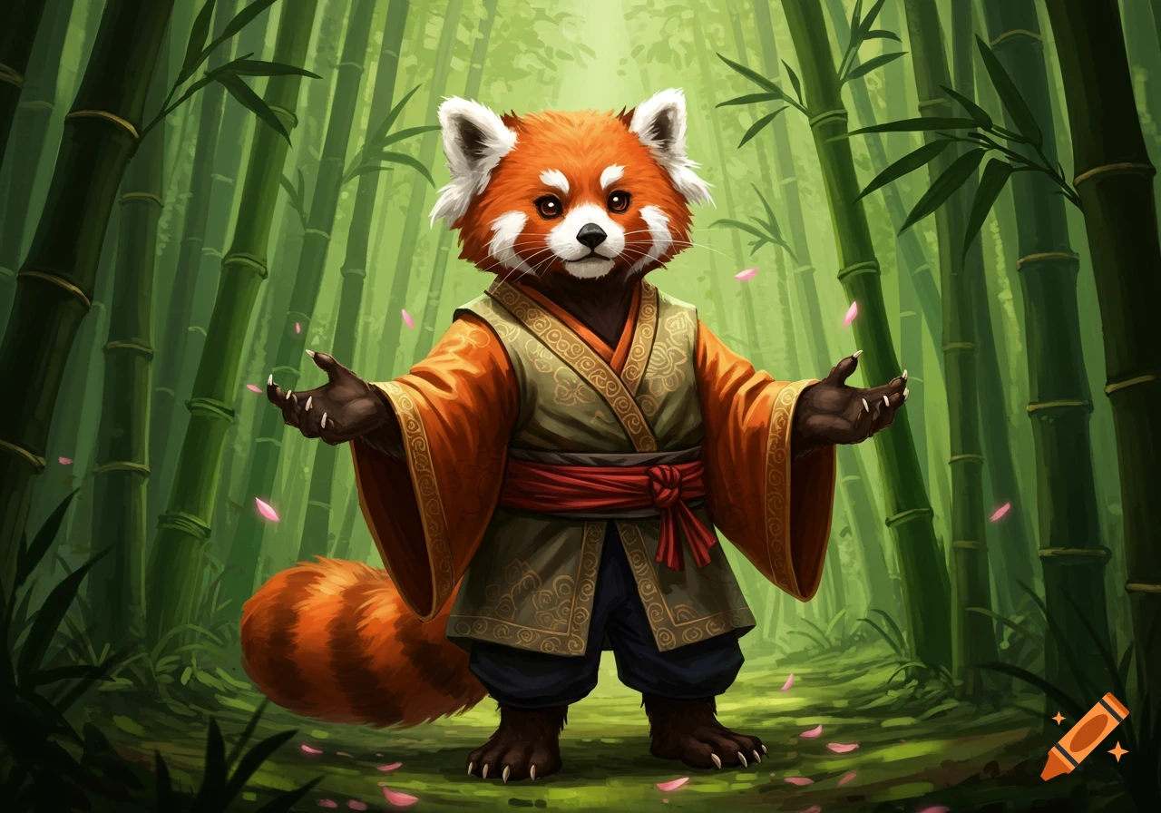 A red panda character in an orange and green robe stands in a bamboo forest with pink petals.