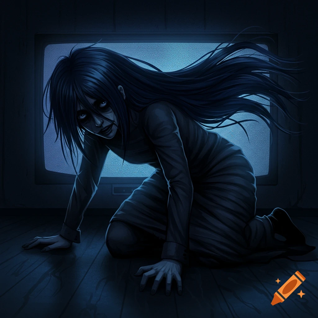A creepy, long-haired figure in a dark dress crawls out of a static television screen onto a dark wooden floor.