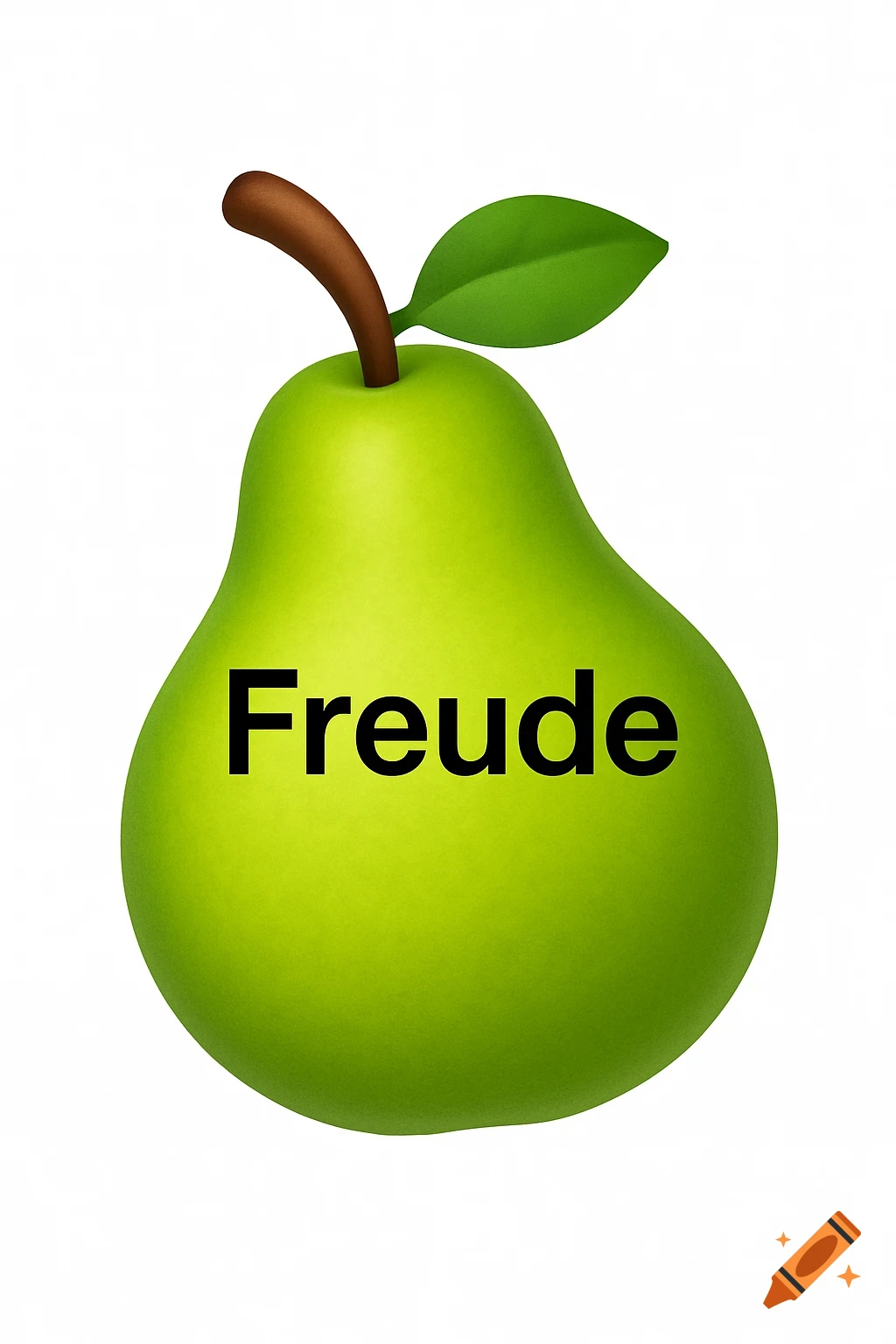 Emoji-style green pear with the word 'Freude' written in black on its surface, isolated on a white background.