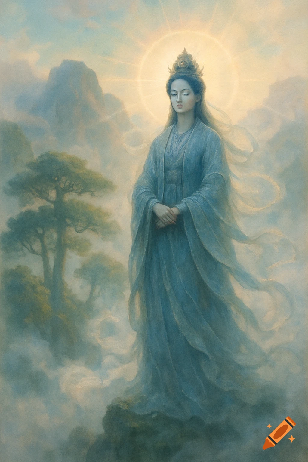 A serene goddess in flowing blue robes and a crown stands amidst misty mountains and trees, with a bright halo, in a painterly style.