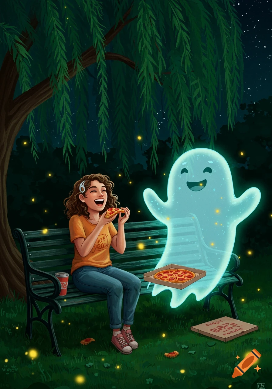 Whimsical illustration of a happy woman eating pizza with a friendly, glowing ghost on a park bench at night, surrounded by fireflies.