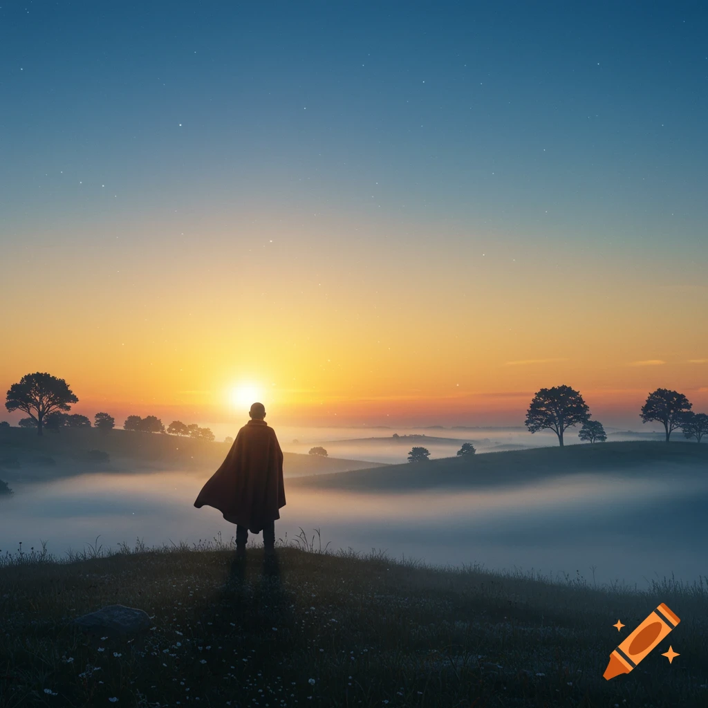 A cloaked figure stands on a hilltop, gazing at a vibrant sunrise over a misty, tree-dotted landscape.
