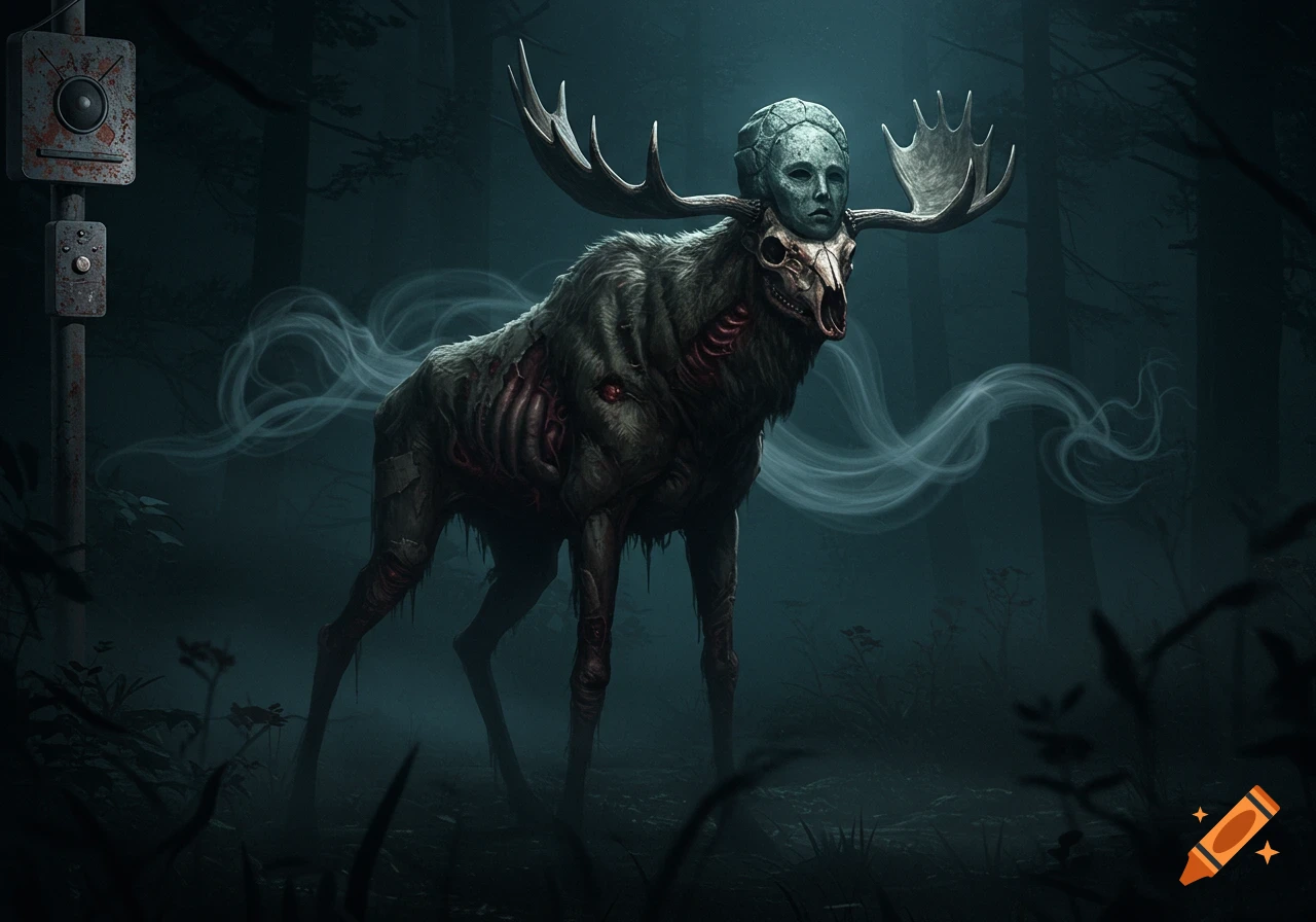 A grotesque, zombie-like moose with exposed organs, a skull head, and a stone mask on its antlers, standing in a dark, misty forest with wisps of smoke.