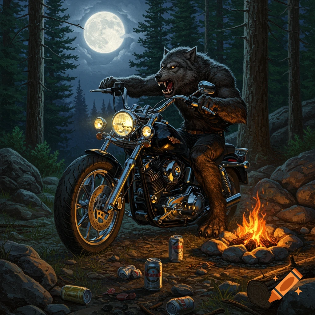 A muscular werewolf rides a black motorcycle in a moonlit forest, with a glowing campfire and discarded beer cans nearby.