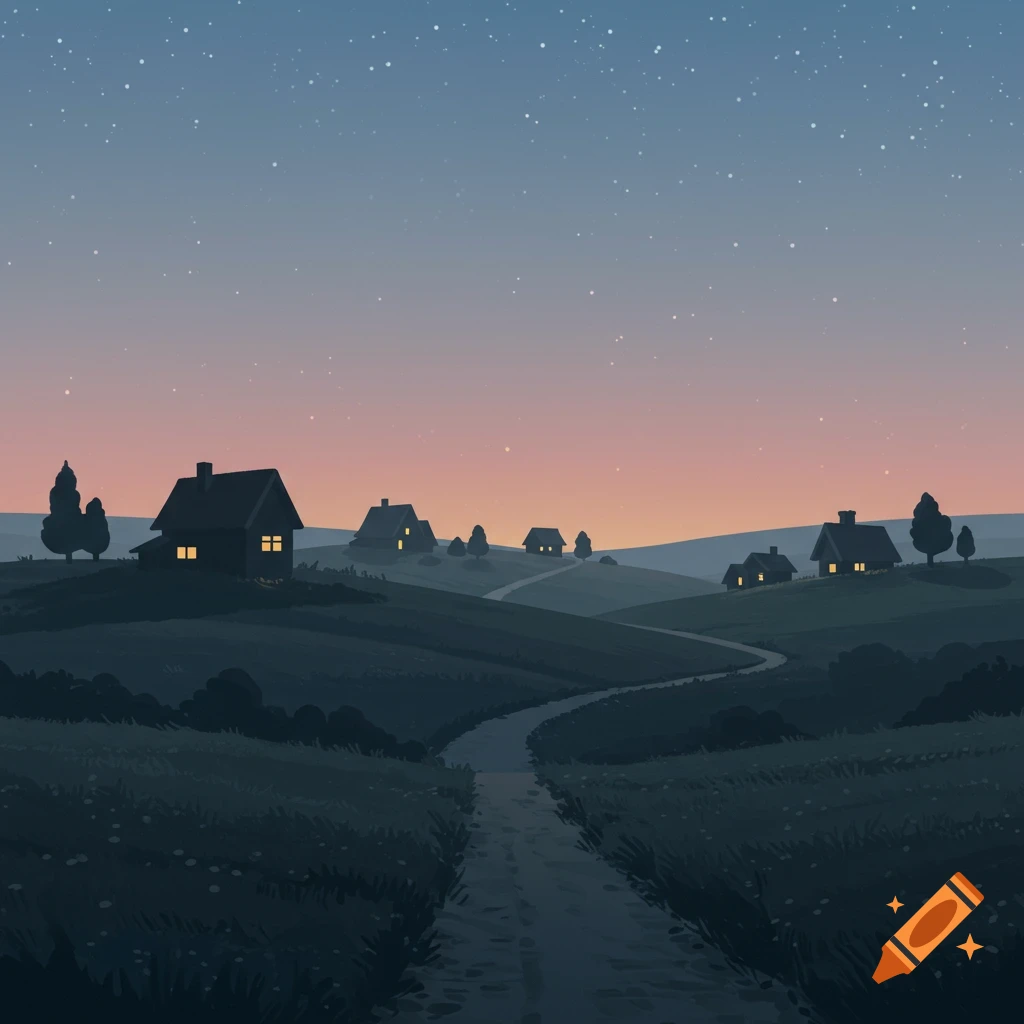 Stylized night landscape with a winding path through hills, small houses with glowing windows under a starry sky.