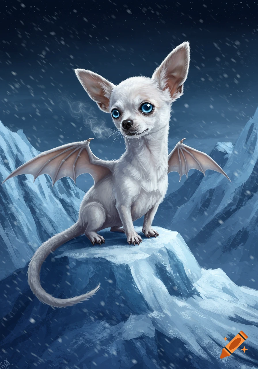 A white chihuahua with blue eyes and bat-like wings sits on an icy mountain peak under falling snow, exhaling steam.